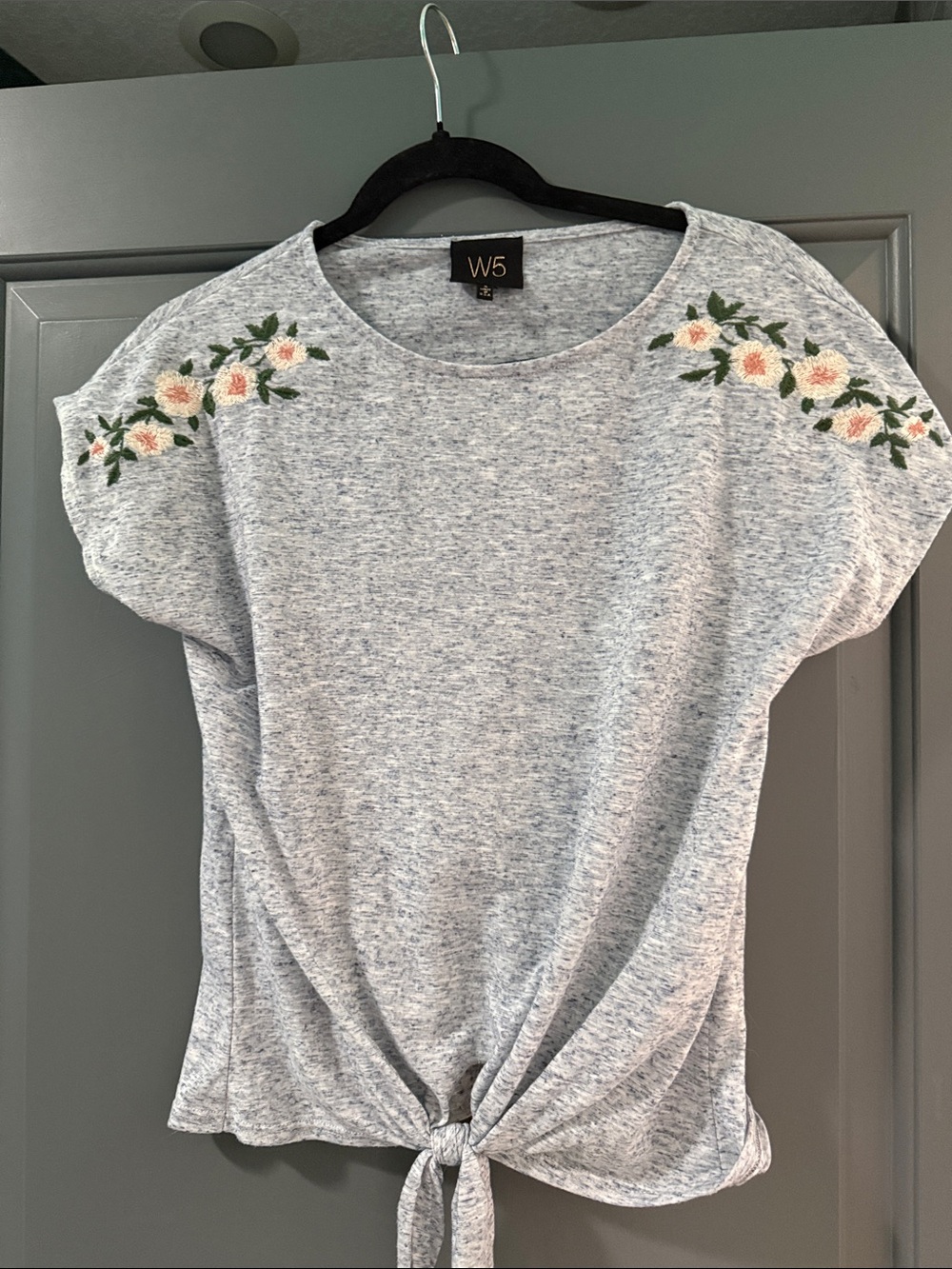 W5 Heather Gray Tie-Front  Top with Peach Floral Embroidery